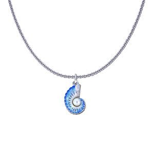 Nautilus Shell Necklace - Sterling Silver with Blue and White Enamel, White Topaz and Freshwater Pearl